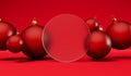 Christmas festive background. Red bauble decorations with a blank frosted glass banner. 3D Rendering Royalty Free Stock Photo