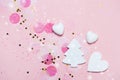 Christmas festive banner background: white christmas tree and confetti with sparkling glitter and stars. Royalty Free Stock Photo