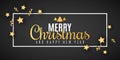 Christmas festive banner. Golden stars with confetti and serpentine. Stylish lettering in frame. Greeting card. Vector Royalty Free Stock Photo