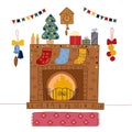 Christmas festive colorful scene of decorated fireplace, garland, candle, fir tree, gifts, bunting