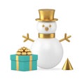 Christmas festive composition gift box snowman and golden geometric pyramid realistic 3d icon vector Royalty Free Stock Photo