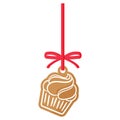 Christmas festive cupcake gingerbread cookie covered by white icing with red ribbon