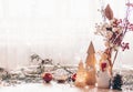 Christmas festive decor still life on wooden background, concept of home comfort and holiday