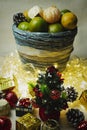 Christmas Festive Decoration Set With a Small Christmas Tree and Tangerines. Still Life