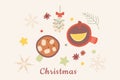 Christmas festive decorations flat vector set. Cups with hot chocolate and spicy tea top view. Winter stickers isolated on light