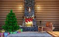 Christmas festive decorations. Room interior in log cabin building with stone fireplace. Christmas living room interior Royalty Free Stock Photo