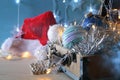 christmas festive decorations on wooden table Royalty Free Stock Photo