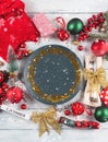 Christmas festive dinner table setting with blue empty plate Royalty Free Stock Photo