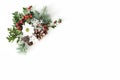 Christmas festive floral composition. Pine cones, fir, tree branches, oak leaves, red rowan berries and chrysanthemum