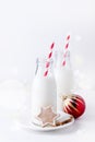 Christmas Festive Gingerbread Cookies and Bottle With Milk and Straw White Wooden Background Vertical Hoidays Food Concept Toned Royalty Free Stock Photo