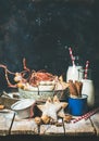 Christmas festive gingerbread cookies in vintage tray, milk for Santa Royalty Free Stock Photo