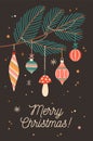 Christmas festive greeting card vector template. Fir tree branch with hanging decorative baubles and handwritten