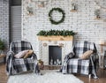 Christmas festive interior in grey and white colors Royalty Free Stock Photo