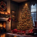 Christmas festive interior, Christmas tree with toys and gifts, fireplace