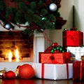 Christmas festive interior, Christmas tree with toys and gifts, fireplace