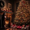 Christmas festive interior, Christmas tree with toys and gifts, fireplace