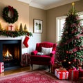 Christmas festive interior, Christmas tree with toys and gifts, fireplace