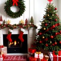 Christmas festive interior, Christmas tree with toys and gifts, fireplace