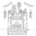 Christmas festive scene of decorated fireplace, garland, candles, fir tree, gifts, bunting