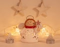 Christmas festive scenery showing an angel ornament in warm golden light; front view with blurred bokeh star lights background on Royalty Free Stock Photo