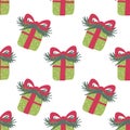 Christmas festive seamless pattern. Hand drawn gift boxes and fur branches Royalty Free Stock Photo