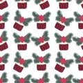 Christmas festive seamless pattern. Hand drawn gift boxes and fur branches Royalty Free Stock Photo