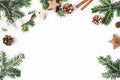 Christmas festive styled stock composition. Decorative floral frame. Fir tree branches border. Pine cones, wooden stars