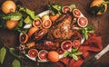 Christmas festive table setting with whole roasted turkey Royalty Free Stock Photo