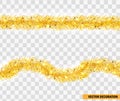 Christmas festive traditional decorations golden lush tinsel. Xmas ribbon garland isolated. Holiday realistic decor element. Tinse