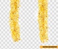 Christmas festive traditional decorations Two golden lush Christmas tinsels hanging in vertical position. Xmas Detailed wide ribbo