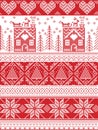 Christmas and festive winter seamless pattern in cross stitch with gingerbread house, Christmas tree, heart, reindeer , sleigh, Royalty Free Stock Photo