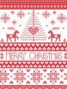 Christmas and festive winter seamless pattern in cross stitch with reindeer, Xmas tree, ,heart, decorative ornaments Royalty Free Stock Photo