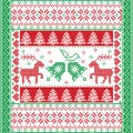 Christmas and festive winter square pattern in cross stitch style with Christmas bell, tree, reindeer, heart, snowflake, star Royalty Free Stock Photo