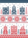 Christmas and festive winter village pattern in cross stitch style with gingerbread house, church, little town buildings, trees