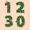 Christmas festive wreath numbers: 1, 2, 3, 0. Wooden background