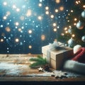 Christmas festivities, New Year, a table, a hat, a box and a snowman, lights, snow and gifts on a wooden table. Royalty Free Stock Photo