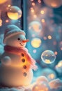 Christmas snowman close-up on a background of lights. AI Generated