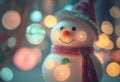 Christmas snowman close-up on a background of lights. AI Generated