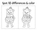 Christmas find differences and color game for children. Winter black and white educational activity with funny bear. Printable