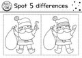 Christmas find differences and color game for children. Winter educational activity with funny Santa Claus. Printable worksheet