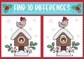 Christmas find differences game for children. Attention skills activity with cute bird and birdhouse. New Year puzzle for kids