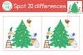 Christmas find differences game for children. Winter educational activity with funny animals decorating fir tree. Printable