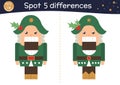 Christmas find differences game for children. Winter educational activity with funny Nutcracker. Printable worksheet with