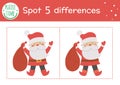 Christmas find differences game for children. Winter educational activity with funny Santa Claus. Printable worksheet with smiling