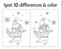 Christmas find differences game and color for children. Winter educational activity with funny raccoon and snowflakes. Printable