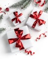 Christmas fir branches, gift boxes with red ribbon, red decoration, sparkles and confetti on white background. Xmas and New Year Royalty Free Stock Photo