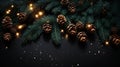 Christmas Fir branches with pine cones on dark black background. Xmas and Happy New Year card, bokeh, sparking, glowing Royalty Free Stock Photo