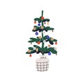 Christmas fir decorated with ornaments. Live Xmas tree with holiday baubles. Natural spruce with festive retro