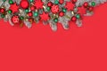 Christmas Fir Snow and Tree Bauble Red Background Border Royalty Free Stock Photo