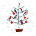 Christmas fir tree with birds, decorated with baubles. Isolated on white background. Vector flat illustration for